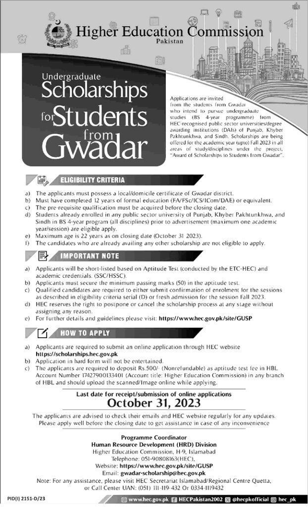 HEC 4 Year Bachelors Scholarships For Gwadar 2023 Apply Online