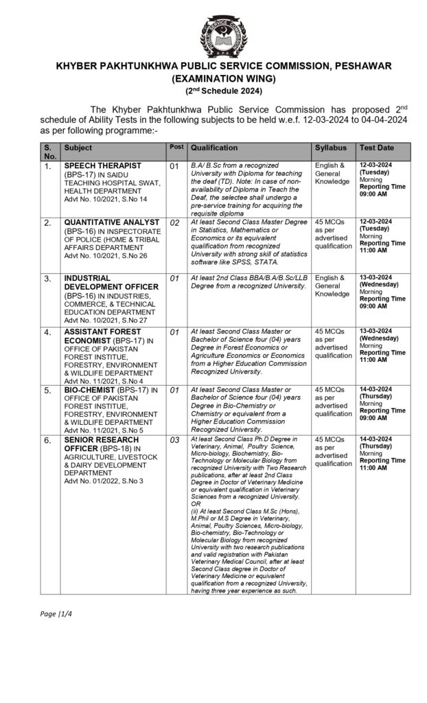 Schedule Subject Specialist Male and Female KPK