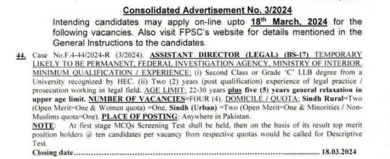 FIA Assistant Director (Legal) FPSC Jobs 2024 Apply Online Roll No Slips Syllabus Paper Pattern