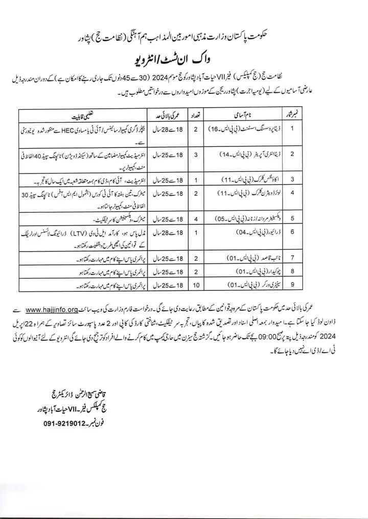 Ministry of Religious Affairs Peshawar Interview Schedule Cities Wise