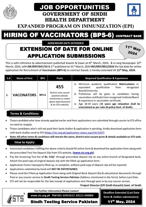 EPI Sindh Health Department Vaccinator STS Jobs 2024 Online Form