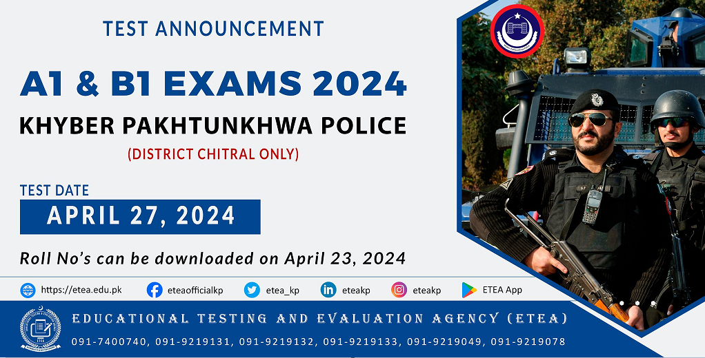 KPK Police A1 and B1 Exam ETEA Roll Number Slip 2024 Test Date