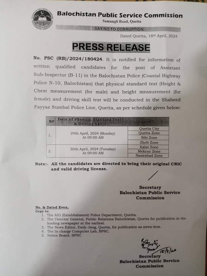 Balochistan Coastal Highway Police ASI Physical Test Result 2024 Check